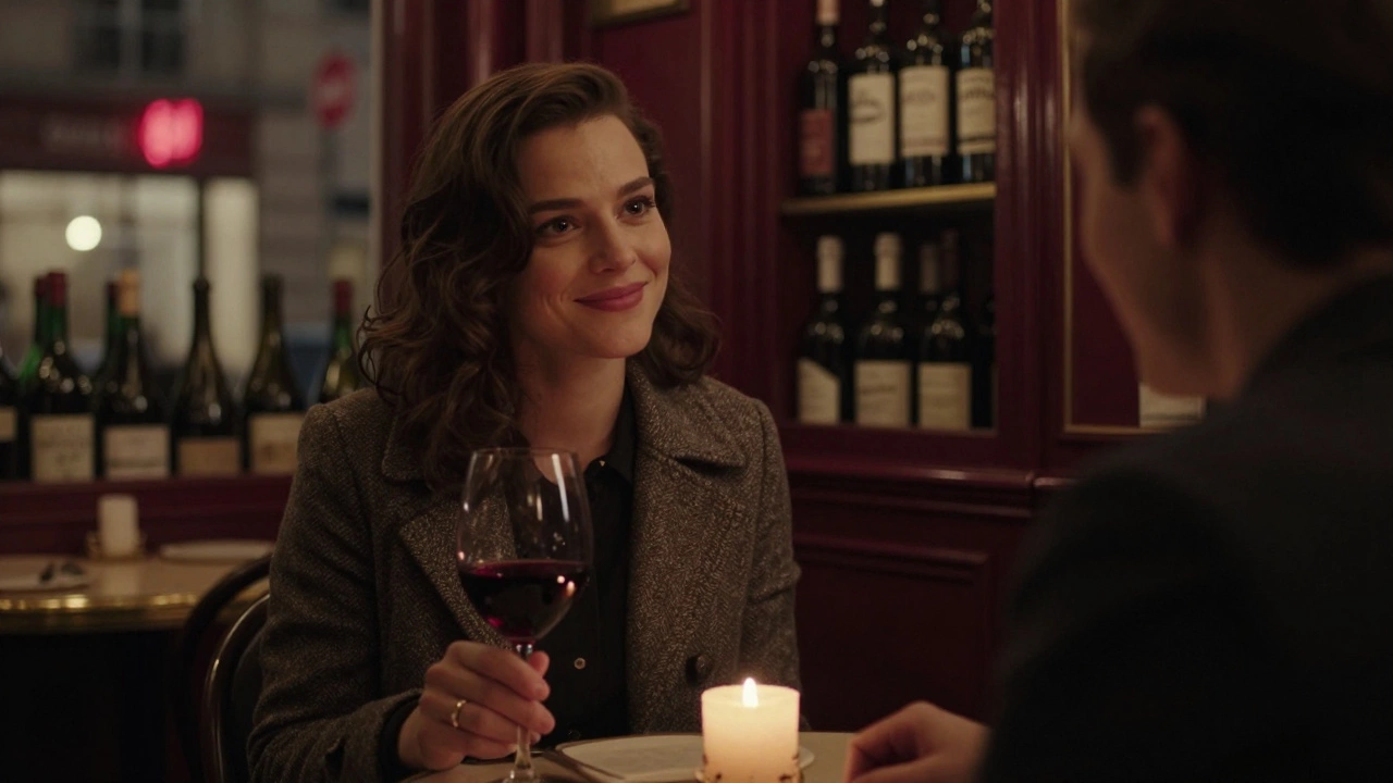 A woman smiles over wine in a cozy Le Marais bistro, candlelight glowing softly.