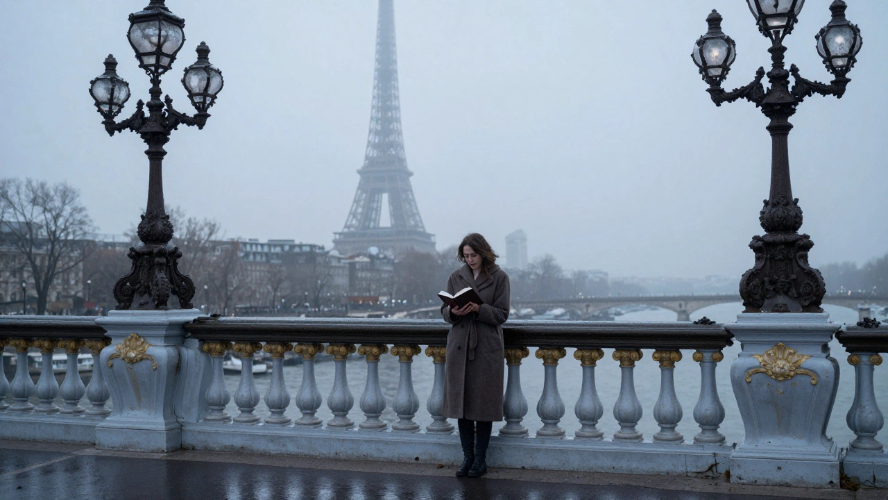 A woman stands alone on Pont Alexandre III at dawn, holding a book as rain falls gently.