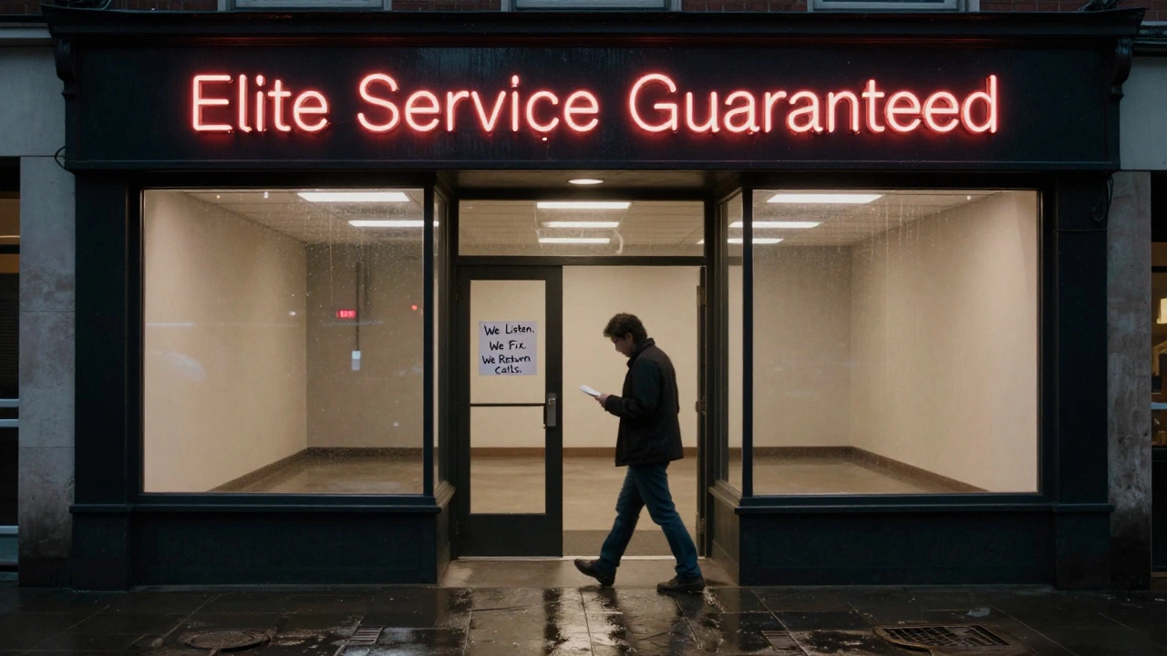 Luxury storefront sign glowing at night as a customer walks away, a humble handwritten note on the door.